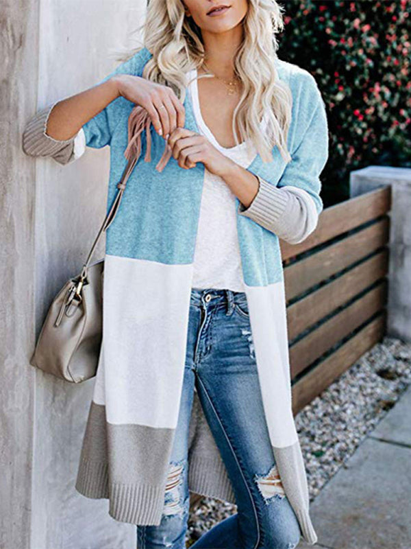 Cardigans- Fall Fashion Stripe Knit Duster Cardigan for Casual Wear- Blue- Pekosa Women Clothing