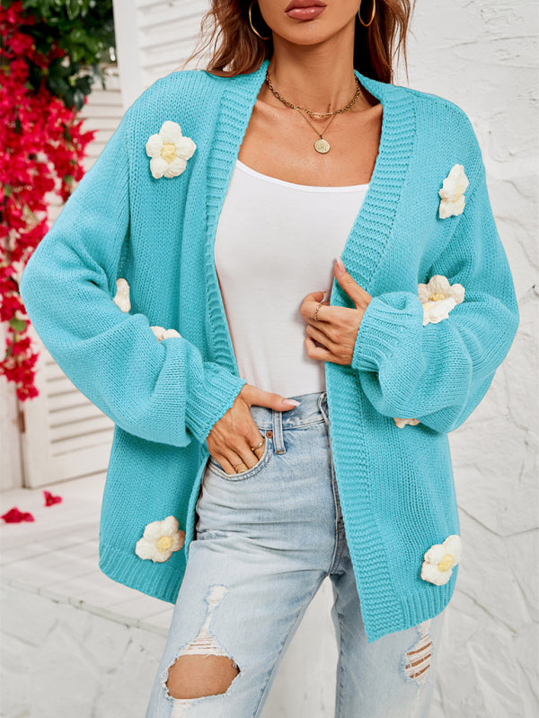 Cardigans- Floral Knitted Sweater Cardigan- Sky blue azure- Pekosa Women Clothing