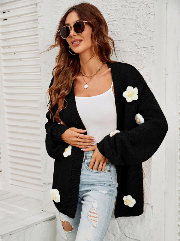 Cardigans- Floral Knitted Sweater Cardigan- - Pekosa Women Clothing