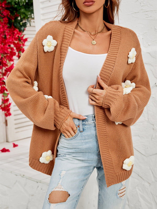 Cardigans- Floral Knitted Sweater Cardigan- Camel- Pekosa Women Clothing