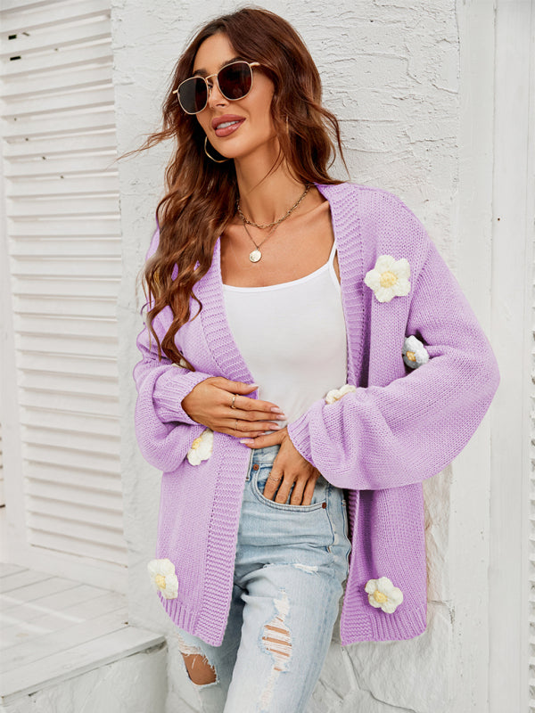 Cardigans- Floral Knitted Sweater Cardigan- - Pekosa Women Clothing