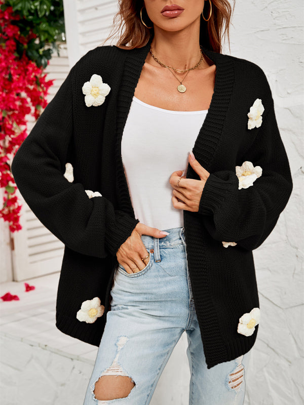 Cardigans- Floral Knitted Sweater Cardigan- Black- Pekosa Women Clothing