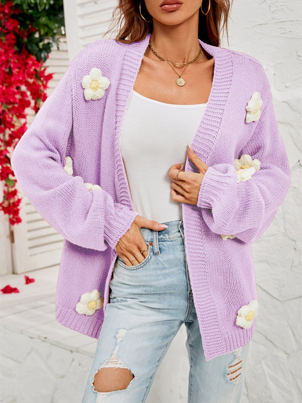 Cardigans- Floral Knitted Sweater Cardigan- Purple- Pekosa Women Clothing
