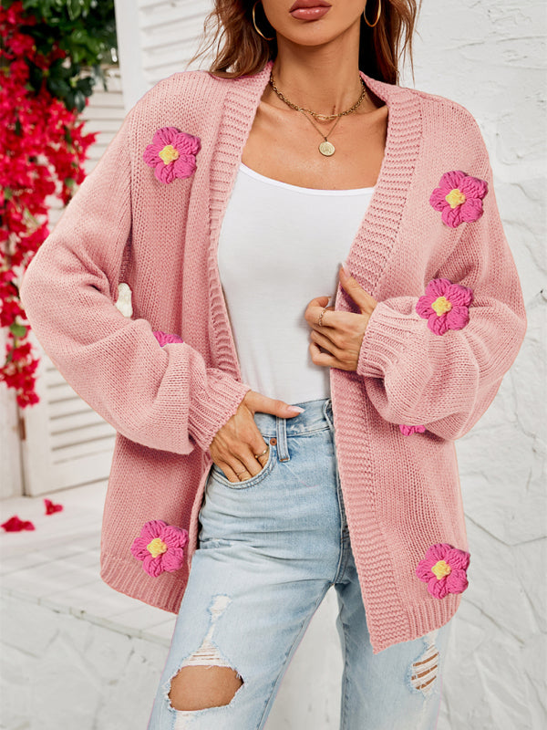 Cardigans- Floral Knitted Sweater Cardigan- Pink- Pekosa Women Clothing