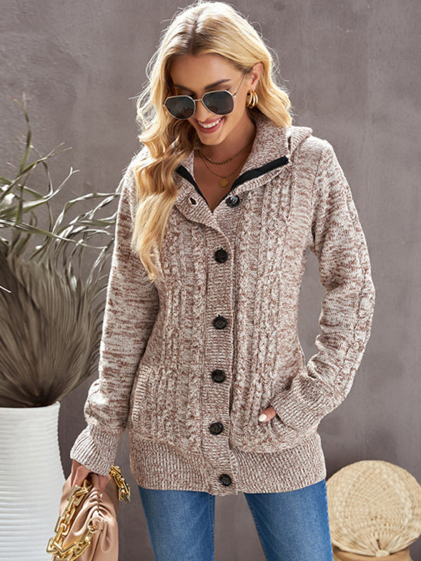 Cardigans- Hooded Coziness Cardigan | Mid-Length Knit Button-Up Sweater- - Pekosa Women Clothing
