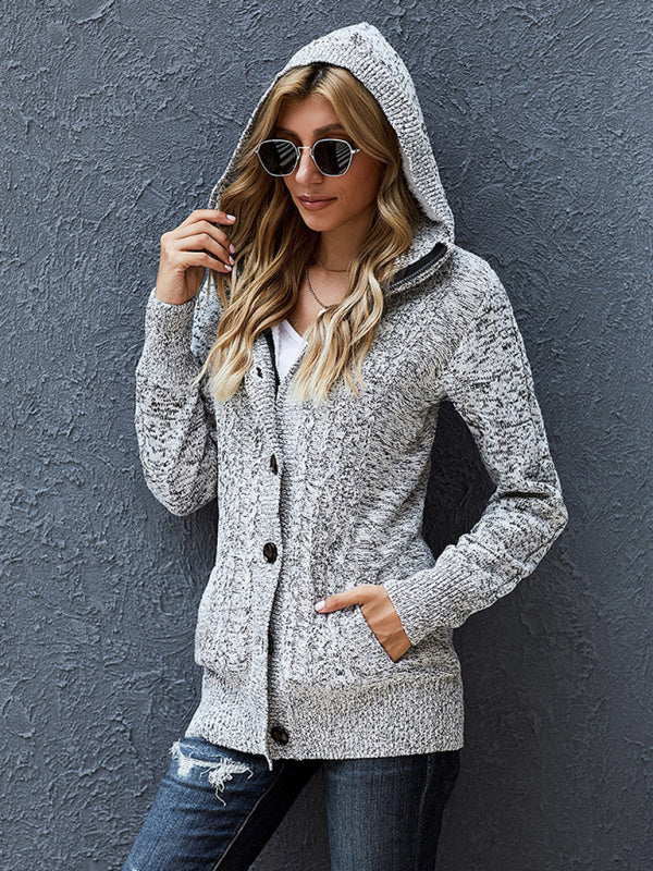 Cardigans- Hooded Coziness Cardigan | Mid-Length Knit Button-Up Sweater- - Pekosa Women Clothing