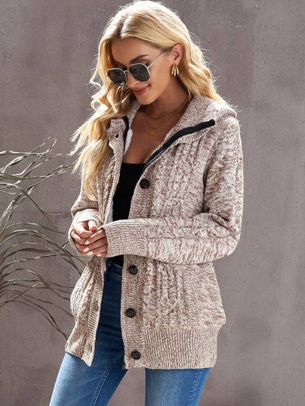 Cardigans- Hooded Coziness Cardigan | Mid-Length Knit Button-Up Sweater- - Pekosa Women Clothing
