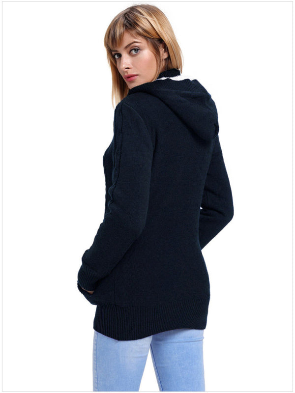 Cardigans- Hooded Coziness Cardigan | Mid-Length Knit Button-Up Sweater- - Pekosa Women Clothing