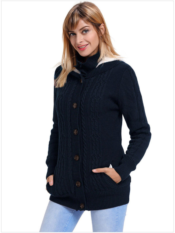 Cardigans- Hooded Coziness Cardigan | Mid-Length Knit Button-Up Sweater- - Pekosa Women Clothing
