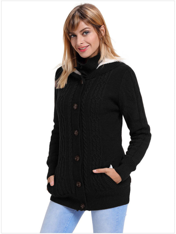 Cardigans- Hooded Coziness Cardigan | Mid-Length Knit Button-Up Sweater- - Pekosa Women Clothing