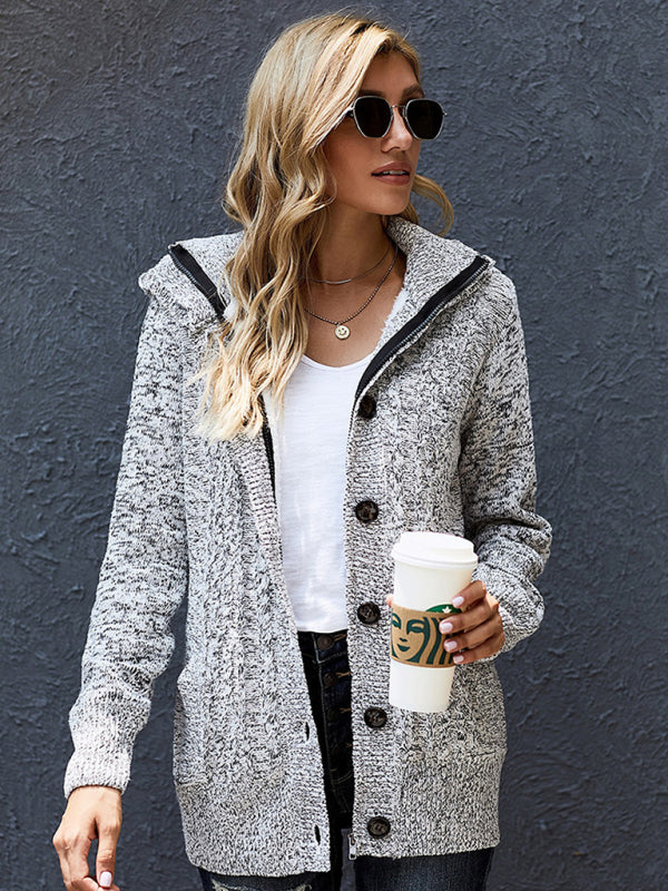Cardigans- Hooded Coziness Cardigan | Mid-Length Knit Button-Up Sweater- - Pekosa Women Clothing