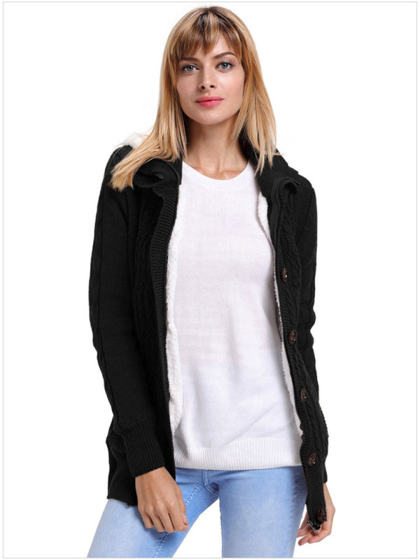 Cardigans- Hooded Coziness Cardigan | Mid-Length Knit Button-Up Sweater- Black- Pekosa Women Clothing