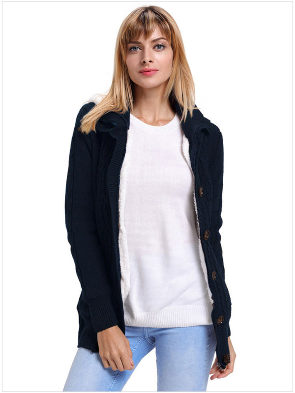 Cardigans- Hooded Coziness Cardigan | Mid-Length Knit Button-Up Sweater- - Pekosa Women Clothing