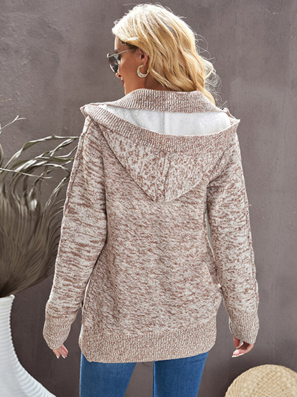 Cardigans- Hooded Coziness Cardigan | Mid-Length Knit Button-Up Sweater- - Pekosa Women Clothing