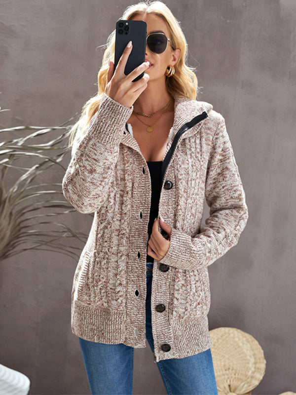 Cardigans- Hooded Coziness Cardigan | Mid-Length Knit Button-Up Sweater- - Pekosa Women Clothing