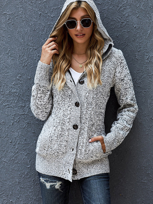 Cardigans- Hooded Coziness Cardigan | Mid-Length Knit Button-Up Sweater- Grey- Pekosa Women Clothing