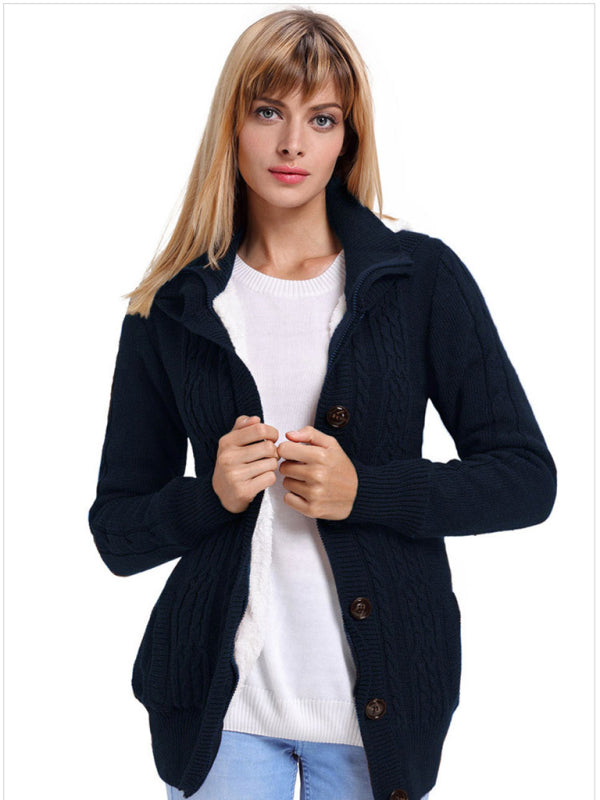 Cardigans- Hooded Coziness Cardigan | Mid-Length Knit Button-Up Sweater- - Pekosa Women Clothing