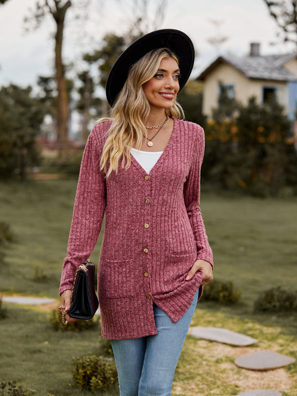 Cardigans- Rib-Knit Button-Up Cardigan with Pockets- - Pekosa Women Clothing