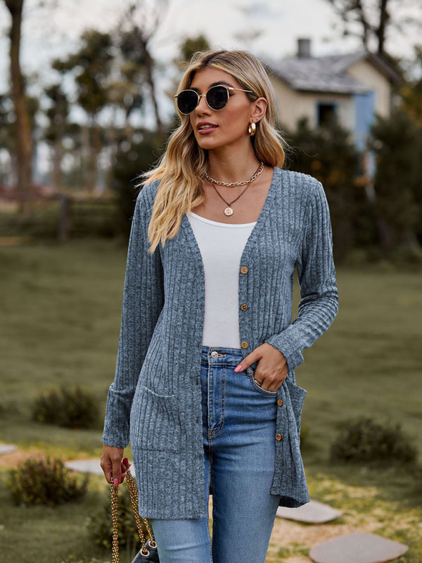 Cardigans- Rib-Knit Button-Up Cardigan with Pockets- - Pekosa Women Clothing