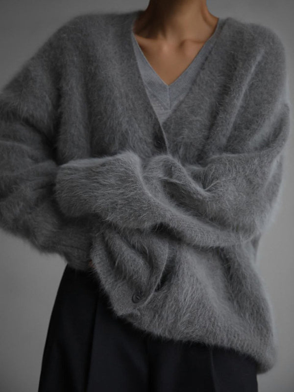 Cardigans- Soft Fluffy Cardigan | Winter Fuzzy Button-Up Sweater- Charcoal grey- Pekosa Women Clothing