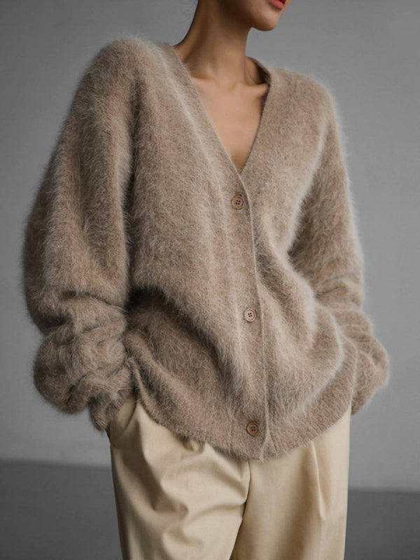 Cardigans- Soft Fluffy Cardigan | Winter Fuzzy Button-Up Sweater- Khaki- Pekosa Women Clothing