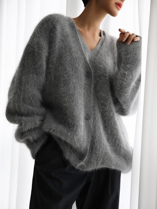 Cardigans- Soft Fluffy Cardigan | Winter Fuzzy Button-Up Sweater- - Pekosa Women Clothing