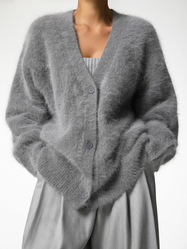 Cardigans- Soft Fluffy Cardigan | Winter Fuzzy Button-Up Sweater- Misty grey- Pekosa Women Clothing