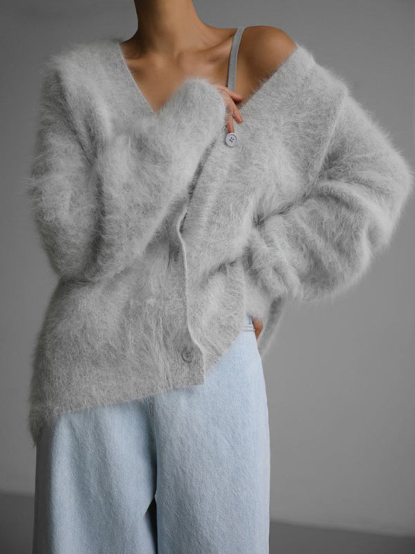 Cardigans- Soft Fluffy Cardigan | Winter Fuzzy Button-Up Sweater- - Pekosa Women Clothing