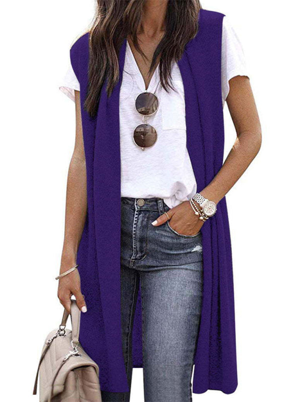 Cardigans- Solid Mid-Length Sleeveless Cardigan Vest with Open Front- Purple- Pekosa Women Clothing