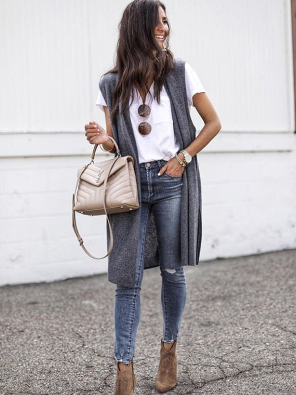 Cardigans- Solid Mid-Length Sleeveless Cardigan Vest with Open Front- Misty grey- Pekosa Women Clothing