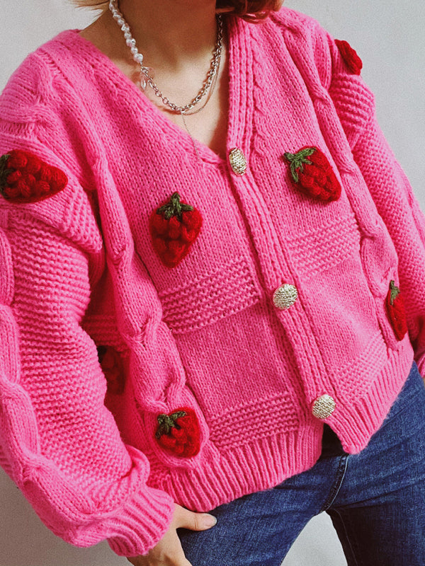 Cardigans- Strawberry Embroidered Cable Knit Button-Up Sweater Cardigan- - Pekosa Women Clothing