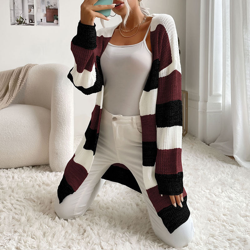 Cardigans- Trendy Buttonless Cardigan - Women's Winter Knitted Sweater Jacket- Wine Red- Pekosa Women Clothing