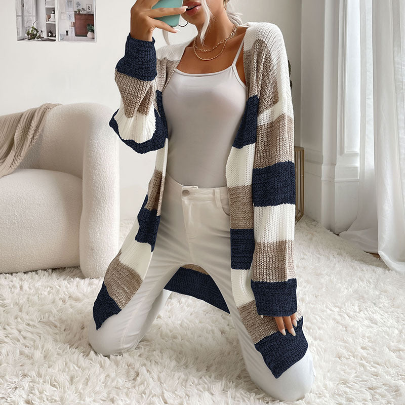 Cardigans- Trendy Buttonless Cardigan - Women's Winter Knitted Sweater Jacket- Navy blue- Pekosa Women Clothing