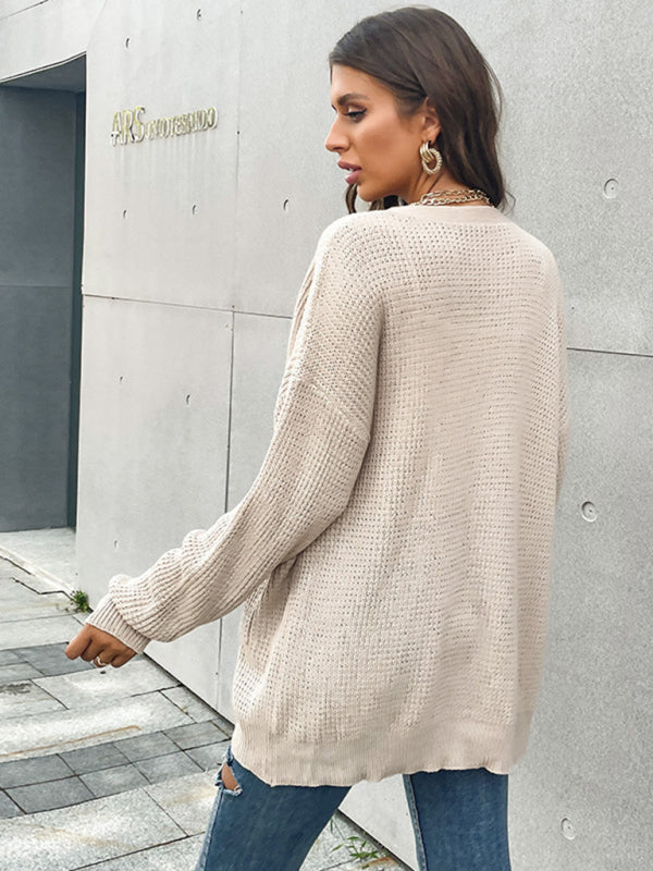 Cardigans- Waffle Knitting Button-Up Mid-Length Sweater - Essential Relax Fit Cardigan- - Pekosa Women Clothing