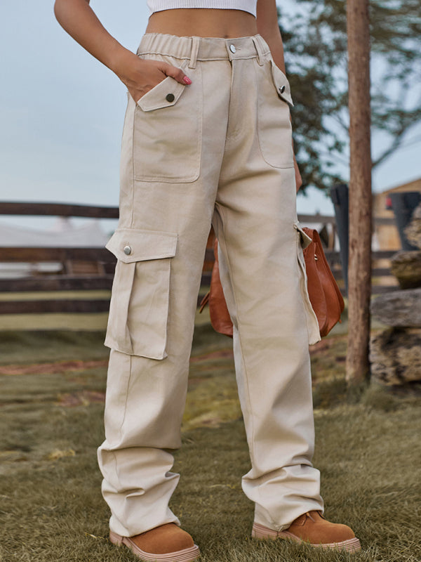 Cargo Trousers- Solid Denim Elastic High-Rise Cargo Trousers - Pants- Khaki- Pekosa Women Clothing