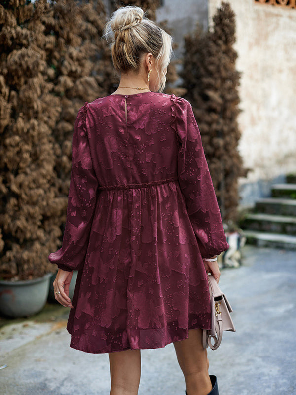 Casual Dresses- Floral Jacquard A-Line Dress with Lantern Sleeves & Frills- - Pekosa Women Clothing