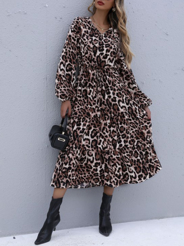 Casual Dresses- Leopard Print Midi Dress with Tiered Ruffles- - Pekosa Women Clothing