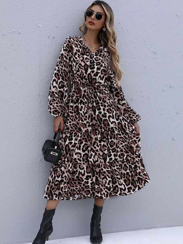 Casual Dresses- Leopard Print Midi Dress with Tiered Ruffles- - Pekosa Women Clothing