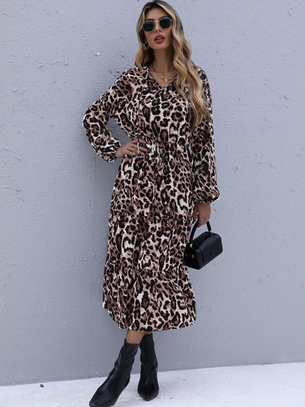 Casual Dresses- Leopard Print Midi Dress with Tiered Ruffles- - Pekosa Women Clothing