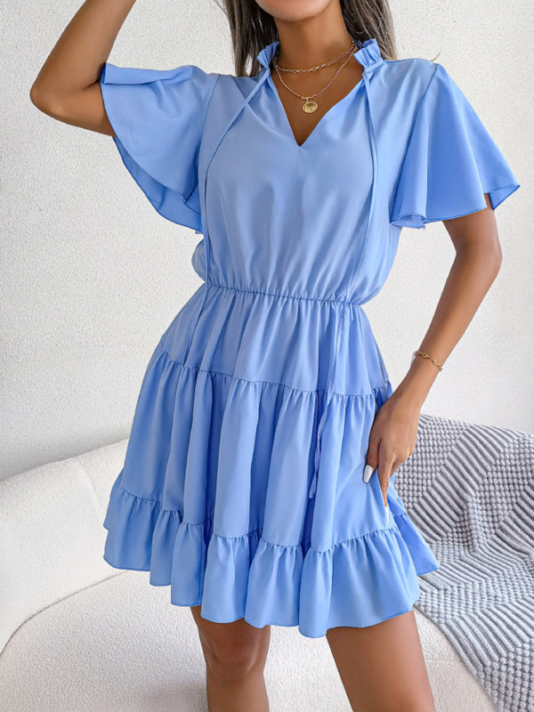 Casual Dresses- Solid Short Sleeve V-Neck A-Line Dress for Summer- - Pekosa Women Clothing