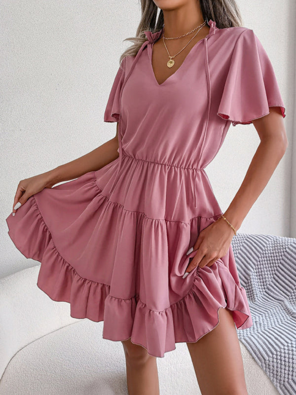 Casual Dresses- Solid Short Sleeve V-Neck A-Line Dress for Summer- - Pekosa Women Clothing