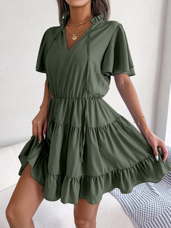 Casual Dresses- Solid Short Sleeve V-Neck A-Line Dress for Summer- - Pekosa Women Clothing