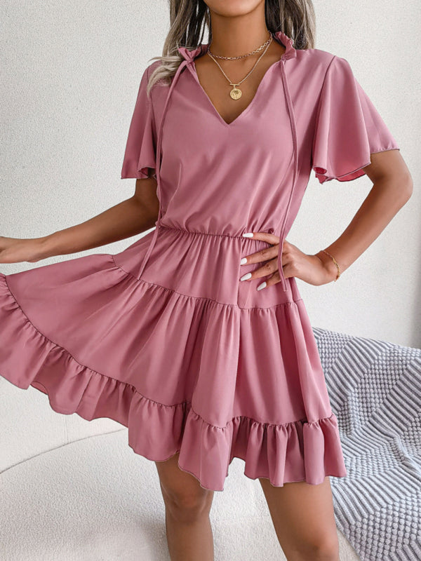 Casual Dresses- Solid Short Sleeve V-Neck A-Line Dress for Summer- - Pekosa Women Clothing