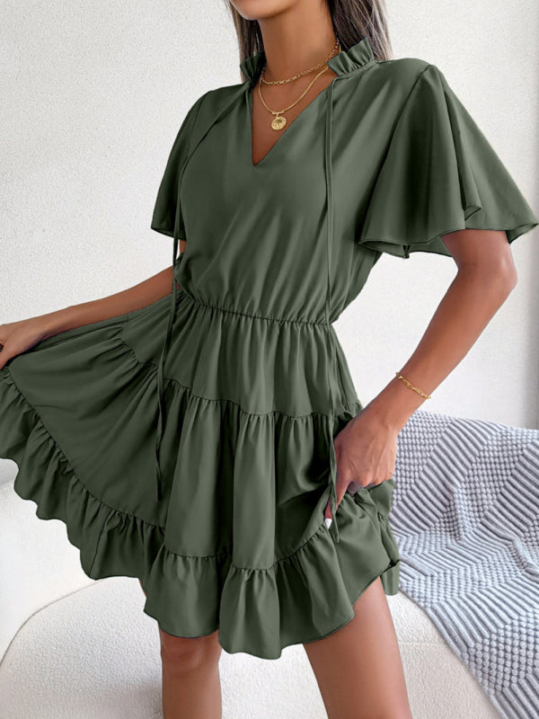 Casual Dresses- Solid Short Sleeve V-Neck A-Line Dress for Summer- - Pekosa Women Clothing