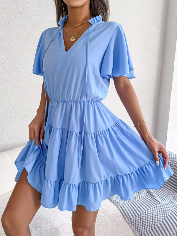 Casual Dresses- Solid Short Sleeve V-Neck A-Line Dress for Summer- Blue- Pekosa Women Clothing
