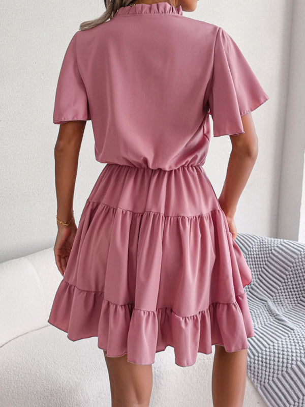 Casual Dresses- Solid Short Sleeve V-Neck A-Line Dress for Summer- - Pekosa Women Clothing