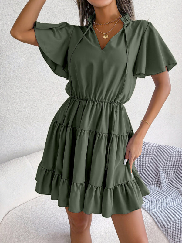 Casual Dresses- Solid Short Sleeve V-Neck A-Line Dress for Summer- Green- Pekosa Women Clothing