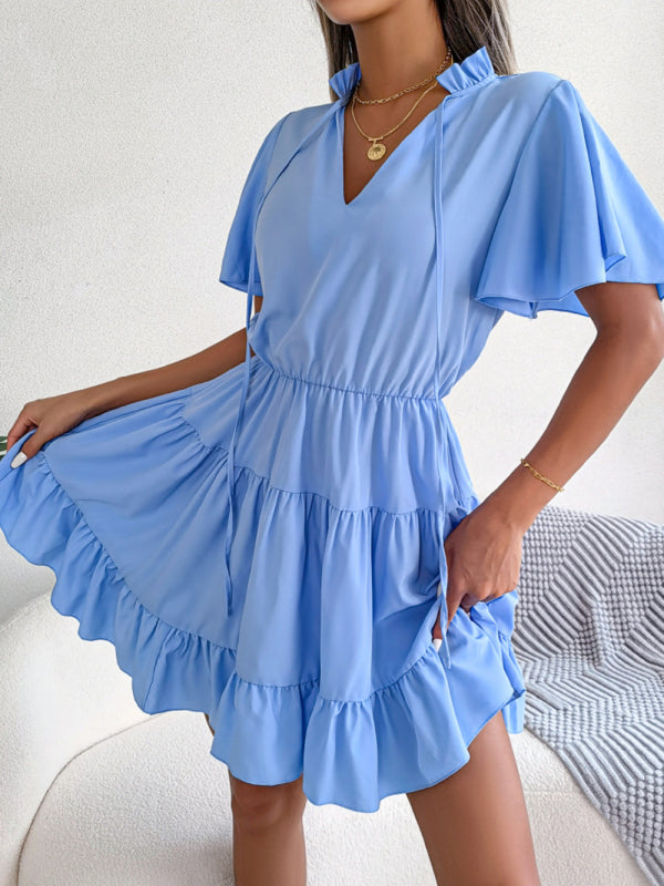 Casual Dresses- Solid Short Sleeve V-Neck A-Line Dress for Summer- - Pekosa Women Clothing