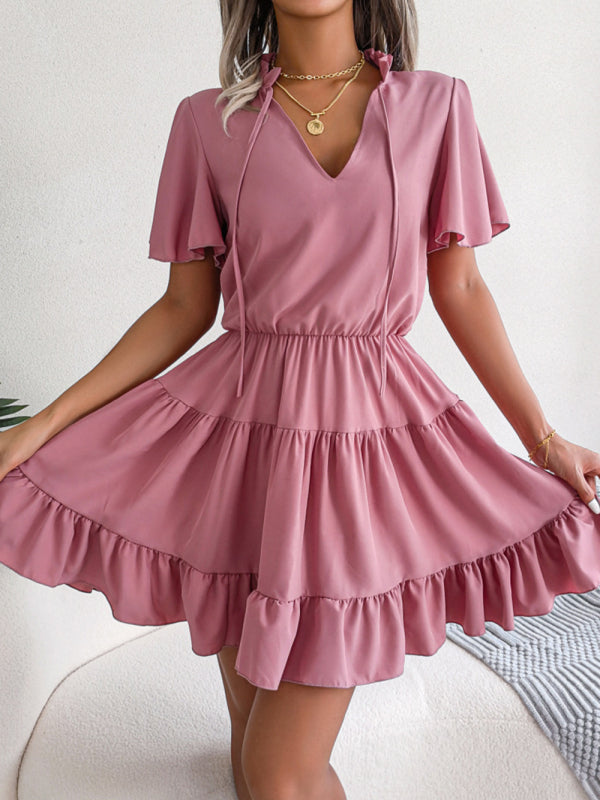 Casual Dresses- Solid Short Sleeve V-Neck A-Line Dress for Summer- - Pekosa Women Clothing