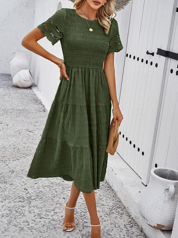 Casual Dresses- Textured Tiered Smocked Midi Dress with Lace Short Sleeves- Olive green- Pekosa Women Clothing